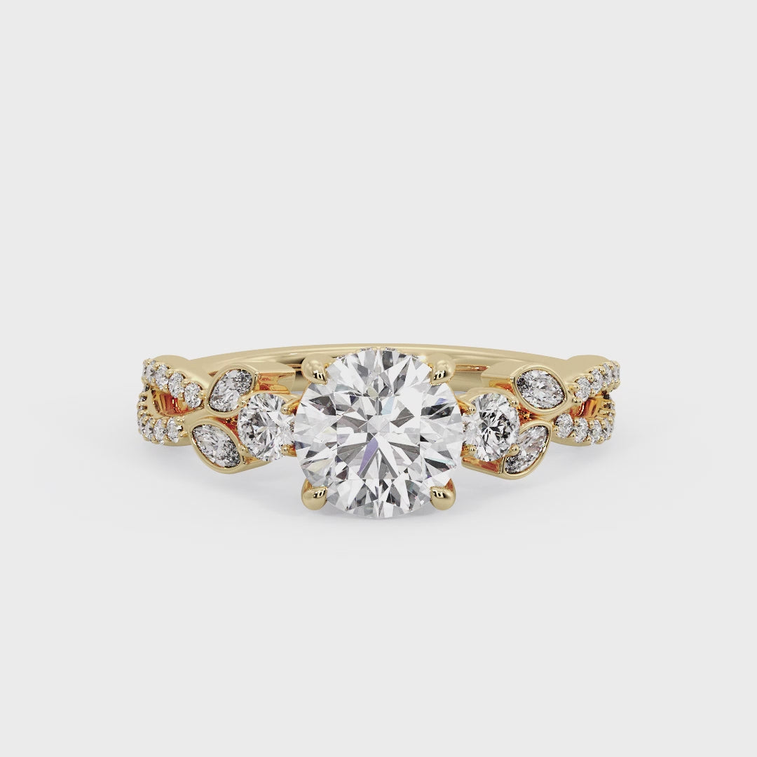 Floral Marquise Band with Beaded Detail Round Lab Grown Diamond Center Engagement Ring