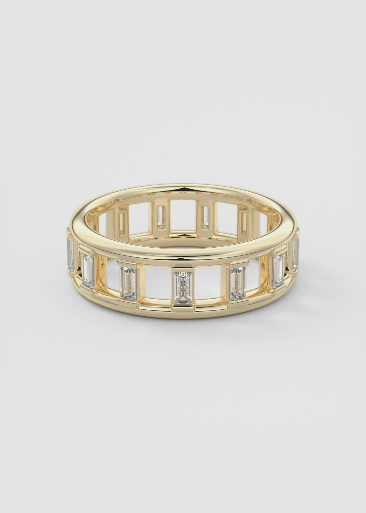 Gold Band with Vertical Baguette‑Cut Lab‑Grown Diamonds and Geometric Openwork Design